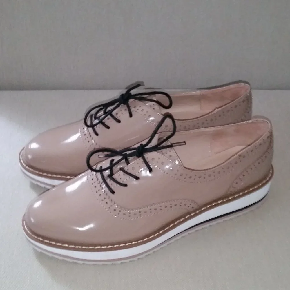 Zara Woman tan patent platform Oxford lace up shoes EUC - Picture 2 of 6